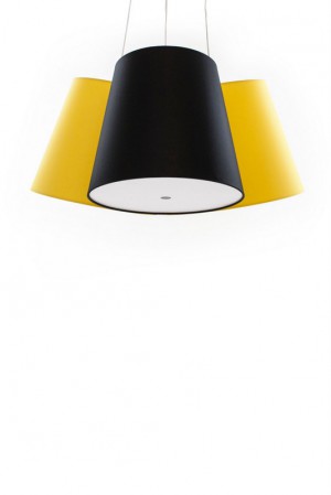 Hängeleuchte mit drei Lampenschirmen gelb und schwarz, moderne Hängelampe in verschiedenen Farben