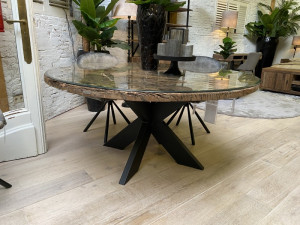 Runder Tisch mit Glasplatte,  Altholz Esstisch rund, Tisch Altholz rund, Durchmesser 120 cm