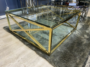 Couchtisch Gold, Glastisch Gold, Couchtisch Glas-Gold, Maße 100x100 cm