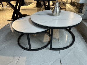 Couchtisch schwarz-weiß, Couchtisch rund weiße Tischplatte, 2er Set, Maße 70-90 cm