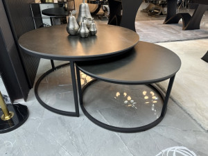 Couchtisch grau-schwarz, Couchtisch rund graue Tischplatte, 2er Set, Maße 70-90 cm