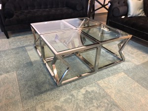 Couchtisch verchromt Glas-Metall, Tisch Silber Glas-Metall, Maße 112x112 cm