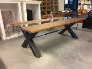 Esstisch Eiche Tischplatte, Tisch Glas-Massivholz Tischplatte Industriedesign,  Tischgestell Metall, Maße 220 x 100 cm 