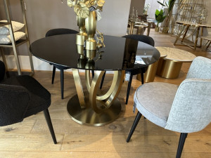 Esstisch rund Glas Tischplatte, runder Tisch schwarze Tischplatte, Esstisch Gold-Gestell rund, Durchmesser 120 cm