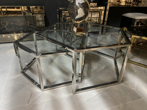 Couchtisch Silber, Couchtisch verchromt, 2er Set Glas-Couchtisch,  Durchmesser 90 cm
