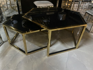 Couchtisch Gold, 2er Set Couchtisch schwarze Tischplatte,  Durchmesser 90 cm