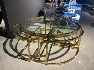 Couchtisch rund Glas Metall, runder Couchtisch Gold, Glastisch rund, Durchmesser 100 cm