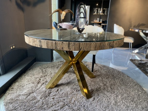 Esstisch rund Silber Tischgestell, runder Tisch Altholz Tischplatte, Durchmesser 130 cm