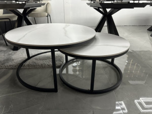 2er Set Couchtisch rund Keramik Tischplatte,  runder Couchtisch weiß,  Durchmesser 90 cm