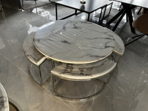 Couchtisch rund Marmorplatte-Optik runder Couchtisch Silber-Gestell, Glastisch rund, Durchmesser 100 cm