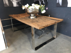 Tisch Altholz verchromt, Esstisch Silber-Gestell,  Breite 200 cm