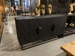 Sideboard Teakholz handgeschnitzt Unikat, Anrichte schwarz Massivholz, Breite 220 cm
