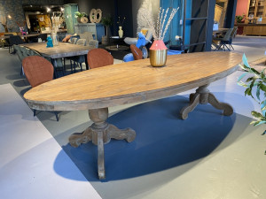 Tisch oval Teak-Tischplatte,  ovaler Esstisch Metall-Gestell, Esstisch Teak, Breite 240 cm