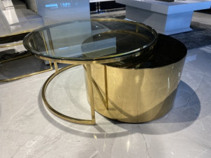 Couchtisch Gold, 2er Set runder Couchtisch Gold, Glastisch rund, Durchmesser 90 cm