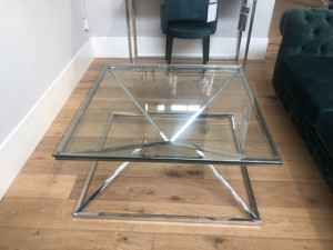 Couchtisch Silber Glas,  Couchtisch Glas Metall, Maße 100X100 cm