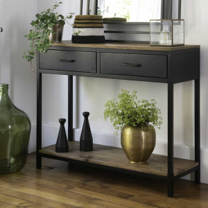 Konsole schwarz mit Holzplatte, Wandschrank schwarz-Naturholz, Konsolentisch mit Schubladen schwarz Metall-Holz,  Breite 100 cm