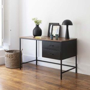 Schreibtisch schwarz mit Holzplatte, Schreibtisch Metall schwarz-Naturholz, Schreibtisch mit Schubladen schwarz Metall-Holz,  Breite 121 cm