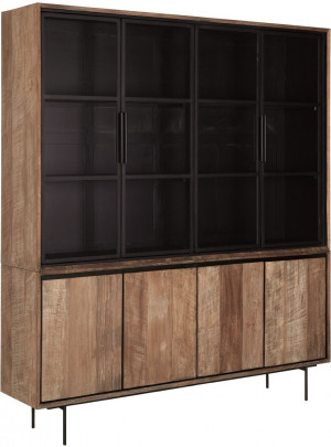 Vitrine Massivholz, Vitrinenschrank Metall-Türen, Geschirrschrank Metall Holz, Breite 180 cm