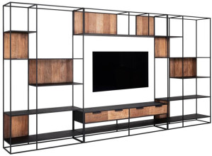Wohnzimmerschrank schwarz-Naturholz, Wandregal Metall Naturholz-Farbe, Wohnzimmerregal mit Schubladen, Breite 420 cm