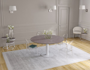 Ausziehtisch rund grau, Tisch Keramik-Tischplatte, runder Esstisch Keramikplatte, Esstisch grau rund ausziehbar, Durchmesser 150 cm