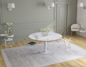 Ausziehtisch rund weiß, Tisch Keramik-Tischplatte, runder Esstisch Keramikplatte, Esstisch weiß rund ausziehbar, Durchmesser 135 cm