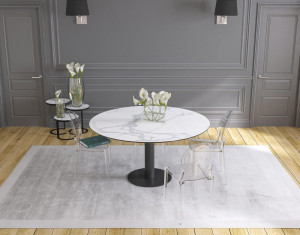 Ausziehtisch rund weiß, Tisch Keramik-Tischplatte, runder Esstisch Keramikplatte, Esstisch weiß rund ausziehbar, Durchmesser 150 cm 