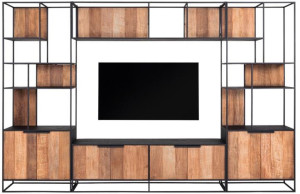 Wohnzimmerschrank schwarz-Naturholz, Wandregal Metall Naturholz-Farbe, Wohnzimmerregal mit Schubladen, Breite 340 cm