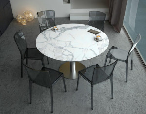 Ausziehtisch weiß, Tisch Keramik-Tischplatte, runder Esstisch weiß Keramikplatte, Esstisch rund Edelstahl Tischfuß, Durchmesser 135 cm