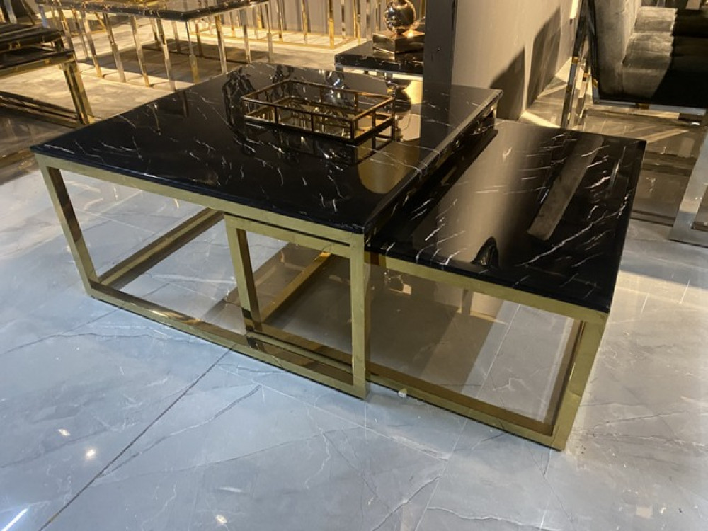 Couchtisch Gold, Couchtisch schwarz Marmor, runder Tisch, Maße 90x90 cm | Couchtische