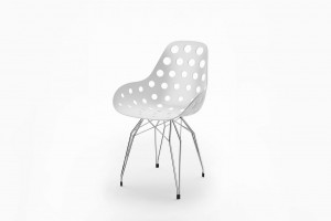 Design Stuhl weiße Sitzschale, verchromtes Gestell, Sitzhöhe 47 cm