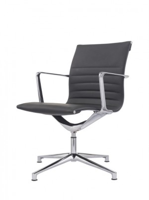 Konferenzstuhl schwarz Deluxe Echtleder Aluminium-Gestell, Besucherstuhl schwarz, Bürostuhl schwarz