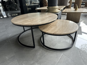 Couchtisch Travertinstein Tischplatte, Couchtisch rund Travertin, 2er Set, Maße 68-90 cm