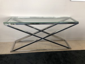 Konsole verchromt Glas-Metall, Sideboard mit Glasplatte,  Wandtisch verchromt Glas, Maße 150x40 cm