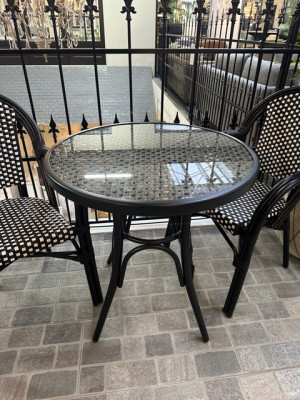 Runder Gartentisch schwarz, Bistrotisch schwarz Rattan, Gartentisch rund schwarz-grau, Durchmesser 70 cm