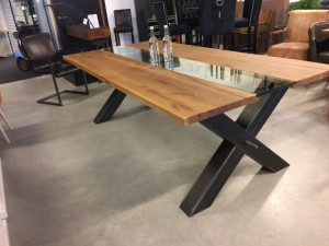Esstisch Eiche Tischplatte, Tisch Glas-Massivholz Tischplatte Industriedesign,  Tischgestell Metall, Maße 200 x 100 cm 