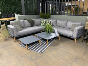 Garten Sofa mit 2 Couchtische Set, Lounge-Sofa grau, Eck-Gartensofa grau, Lounge grau, Breite 280 cm