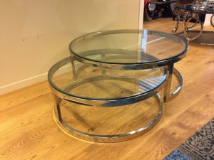 2er Set, Couchtisch rund silber Glas-Metall, Tisch rund verchromt Metall und Glas, Durchmesser 100 und 79 cm