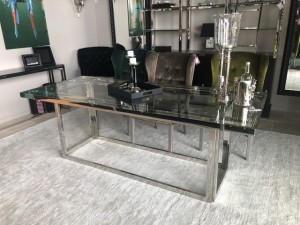 Esstisch verchromt Glasplatte, Tisch Silber Glas,  Metall Tisch, Breite 220 cm