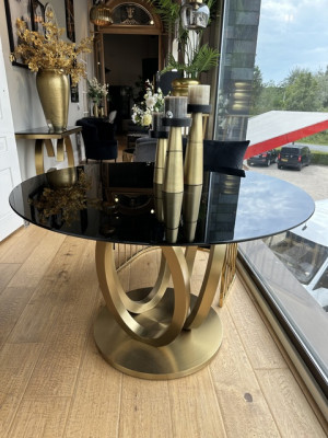 Esstisch rund schwarz-Gold, Tisch rund Gold Glas, Durchmesser 120 cm