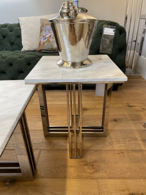 Beistelltisch Marmoroptik Tischplatte, Beistelltisch Silber Gestell, Maße 45x45 cm