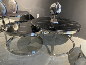 Couchtisch schwarz rund, runder Couchtisch Silber Metall Gestell, 2er Set Glastisch rund, Durchmesser 70-90 cm