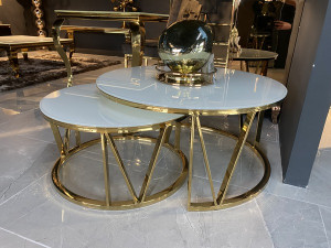 2er Set Couchtisch rund Gold-weiß, runder Couchtisch Gold, runder Tisch, Durchmesser 90 cm