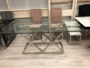 Glastisch Silber, Esstisch Glasplatte verchromtes Gestell, Tisch Glas verchromt,  Breite 180 cm