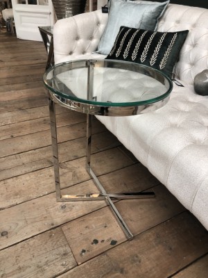 Beistelltisch rund Silber,  Glas Tisch verchromt, runder Beistelltisch Metall Glas, Durchmesser 45 cm