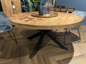 Tisch rund Industriedesign, runder Esstisch Holz Tischplatte, Tisch Metallgestell schwarz, Durchmesser 140 cm