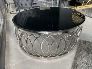 Couchtisch Silber, runder Couchtisch schwarze Glasplatte, Glastisch rund, Durchmesser 110 cm