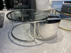 Couchtisch Silber, 2er Set runder Couchtisch verchromt, Glastisch rund, Durchmesser 90 cm