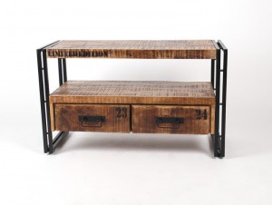 Fersehschrank, TV Lowboard aus Massivholz im Industriedesign mit zwei Schubladen
