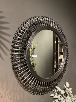 Spiegel schwarz rund Rattan, runder Wandspiegel schwarz Rattan,  Maße 79 cm