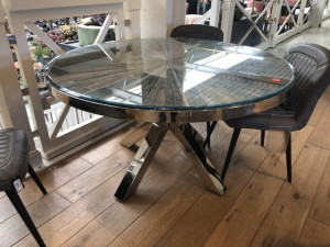 Tisch rund verchromt,runder Esstisch verchromtes Gestell, Tisch Altholz rund, Durchmesser 140 cm